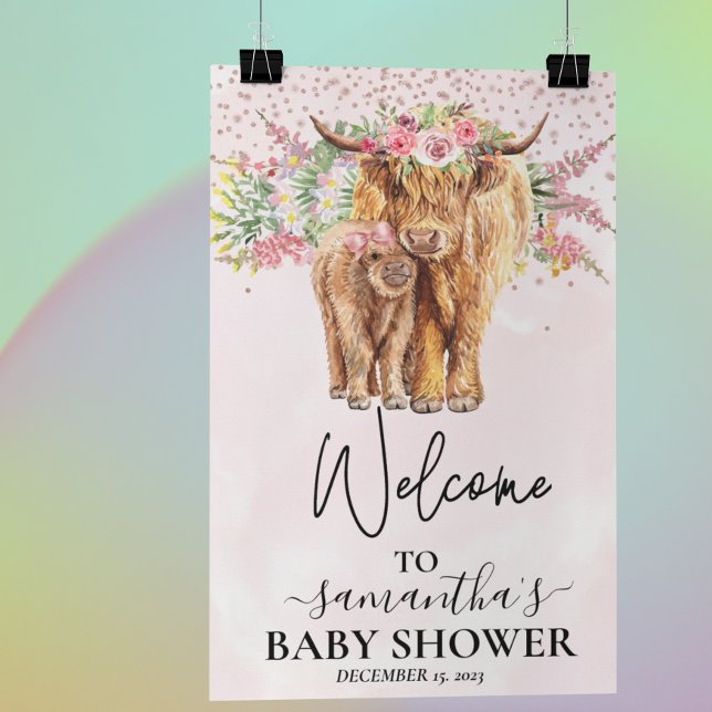 Pink Girl Willkommen Hochland Kuh Calf Baby Dusche Poster (Von Creator hochgeladen)