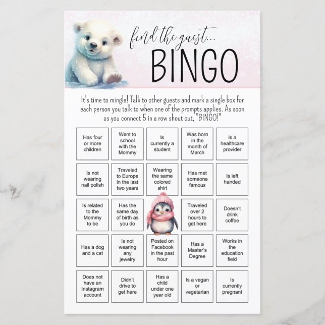 Pink Girl Winter Baby Bingo Baby Showspiel (Vorderseite)