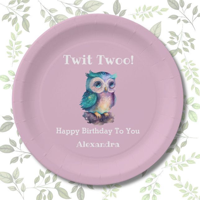 Pink Girl Woodland Animal Owl Birthday Pappteller (Von Creator hochgeladen)