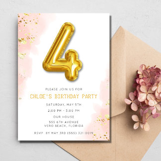 Pink Girls 4. Geburtstag Ballon Party Einladung