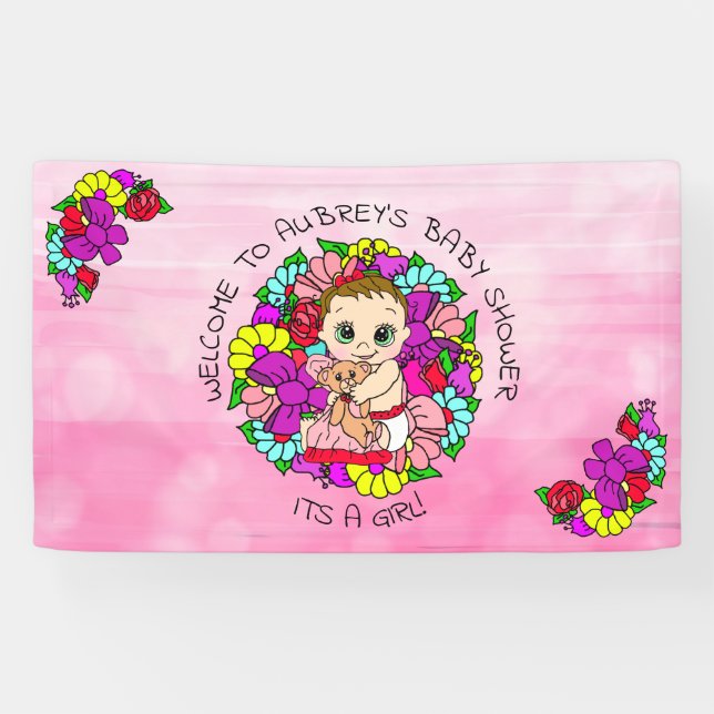 Pink Girl's Baby Shower Caucasian Baby Whimsical Banner (Horizontal)