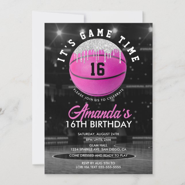 Pink Girls Basketball Einladung zum Geburtstag (Vorderseite)