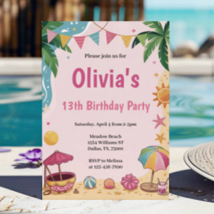 Pink Girls Beach Party Kindergeburtstag Party Einladung