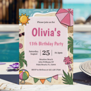Pink Girls Beach Party Kindergeburtstag Party Einladung