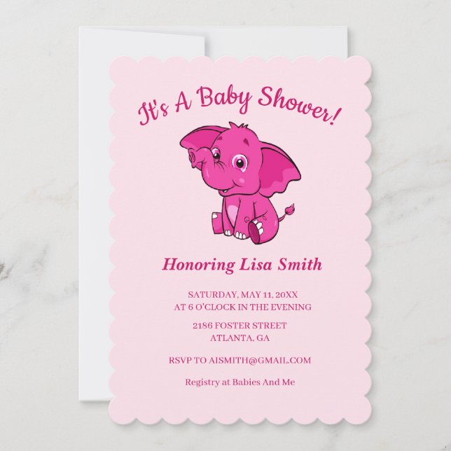 Pink Girl's Elephant Baby Shower Einladung (Vorderseite)