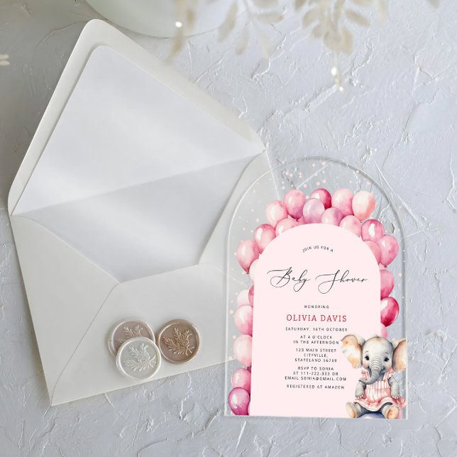 Pink Girl's Elephant & Balloon Baby Shower Acryleinladungen (Von Creator hochgeladen)