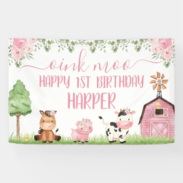 Pink Girls Floral Barn Farm Tiere glücklich Geburt Banner (Horizontal)