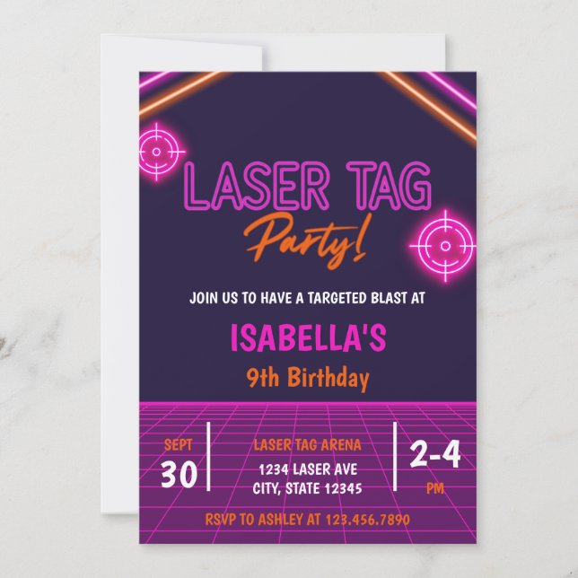 Pink Girl's Laser Tag Neon Glow Geburtstag Einladung (Vorderseite)