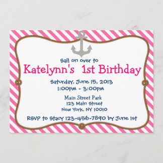 Pink Girl's Nautical Birthday Party Einladung