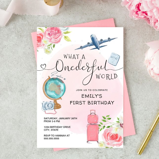 Pink Girls ONEderful World First Birthday Einladung (Von Creator hochgeladen)
