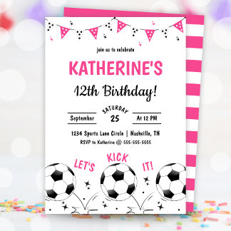Pink Girls Soccer Party Birthday Invitation Einladung
