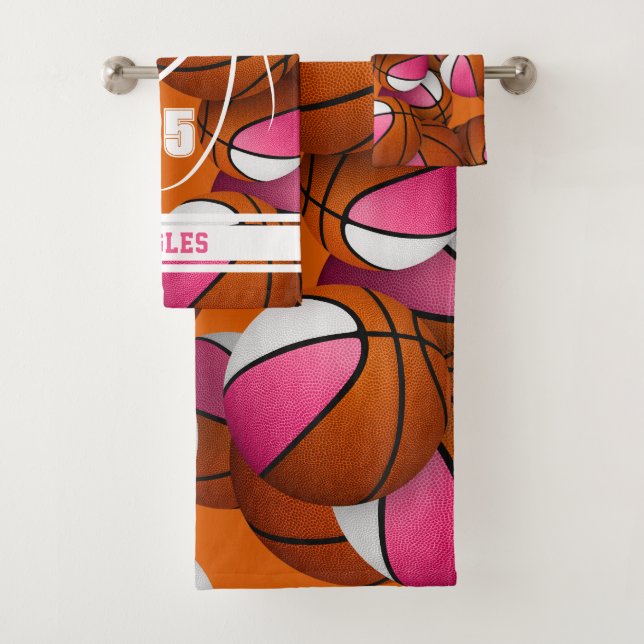 pink girls sports basketball player name  badhandtuch set (Insitu)