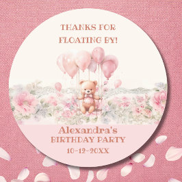Pink Girl's Teddy Birthday Party Danke Runder Aufkleber