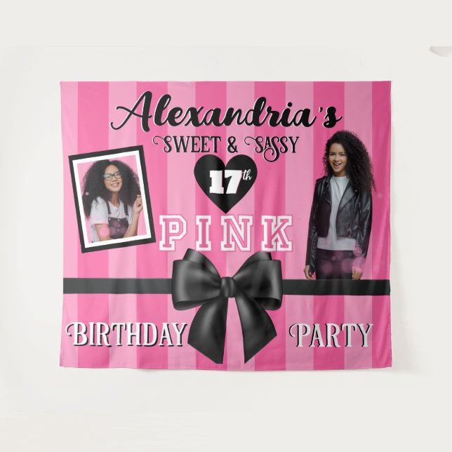 PINK Girly Birthday Party Custom Foto jedes Alter Wandteppich (Vorderseite (Horizontal))
