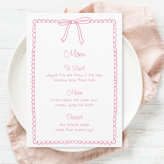 Pink Girly Bow Scallop Wedding Brautparty Menu Menükarte (Von Creator hochgeladen)