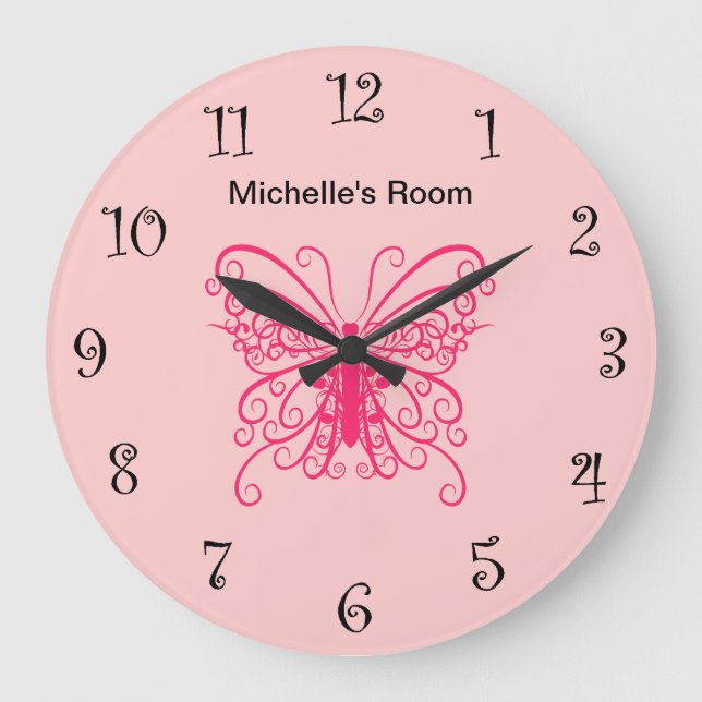 Pink Girly Butterfly-Uhren Große Wanduhr (Vorderseite)