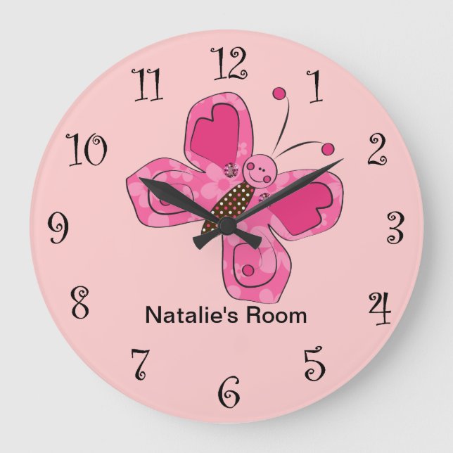 Pink Girly Butterfly-Uhren Große Wanduhr (Vorderseite)