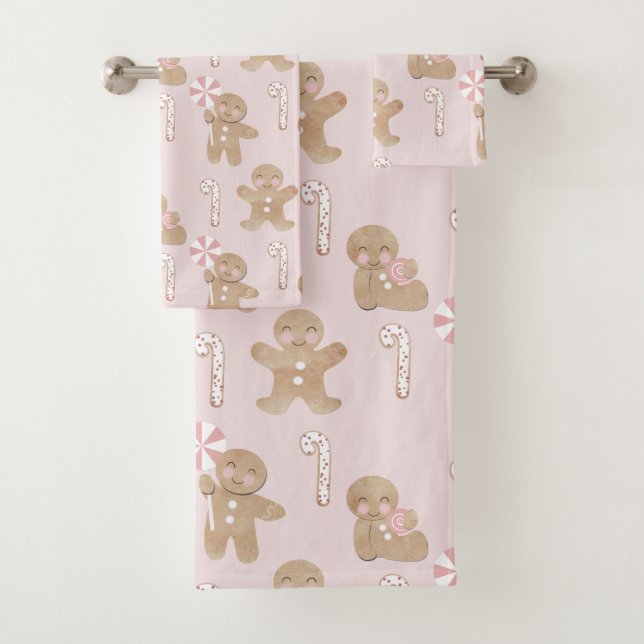 PINK! Girly Christmas GIngerbread Muster Towell Badhandtuch Set (Insitu)