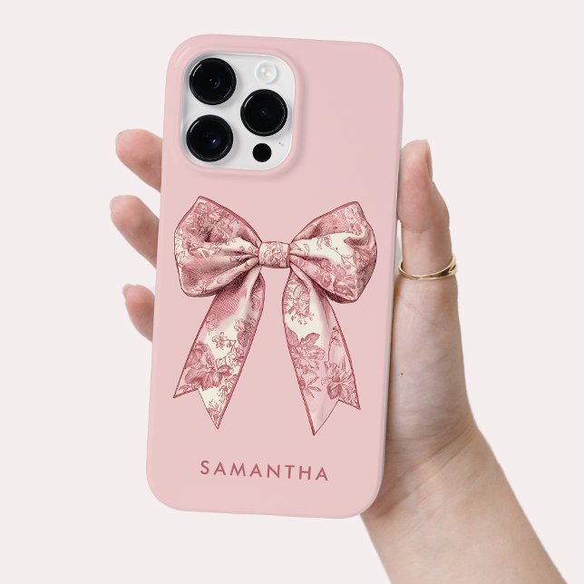 Pink Girly Coquette Toile de Jouy Bow mit Namen Case-Mate iPhone Hülle (Pink Girly Coquette Toile de Jouy Bow with Name Case-Mate iPhone Case)