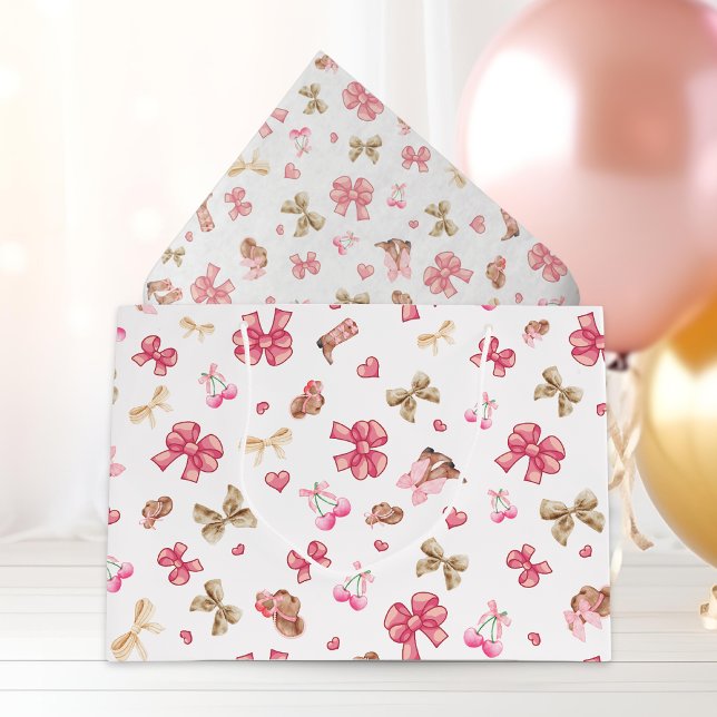 Pink Girly Cowgirl Boots Bows Coquette Muster Große Geschenktüte (Large bag with coordinate tissue paper.)