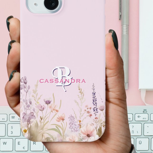 Pink Girly Girl Wildblumen Name Monogram Case-Mate iPhone Hülle (Close-up view of pink monogrammed wildflower iPhone case. Personalized just for you.)