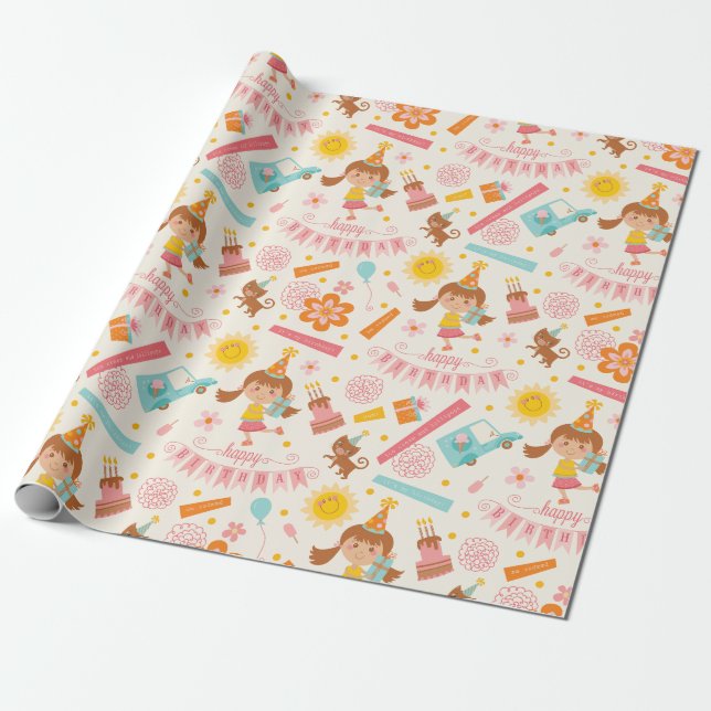 Pink Girly Happy Birthday Wrapping Paper Geschenkpapier (Ungerollt)