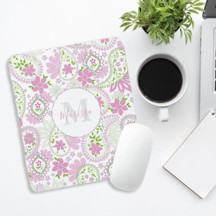 Pink Girly Niedlich Chic Preppy Paisley Monogram Mousepad