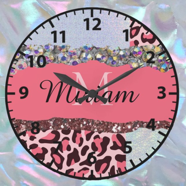 Pink Girly Rose Gold Monogram Clock Große Wanduhr (Von Creator hochgeladen)
