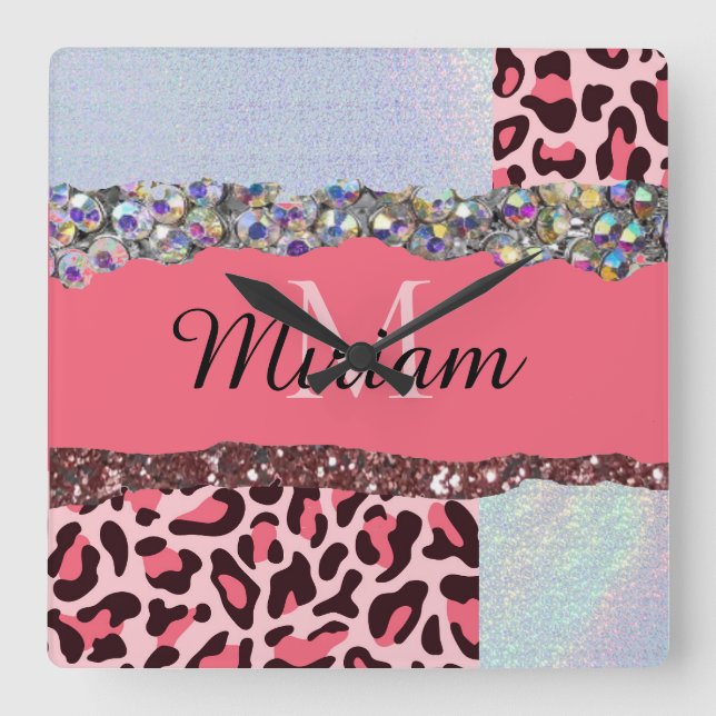 Pink Girly Rose Gold Monogram Clock Quadratische Wanduhr (Vorderseite)