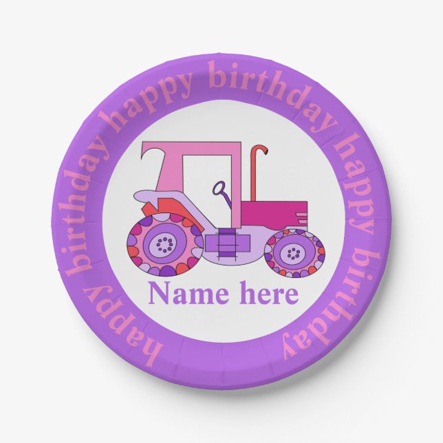 Pink Girly Tractor Happy Birthday Pappteller (Vorderseite)