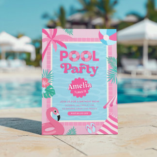 Pink Girly Tropical Pool Party Einladung