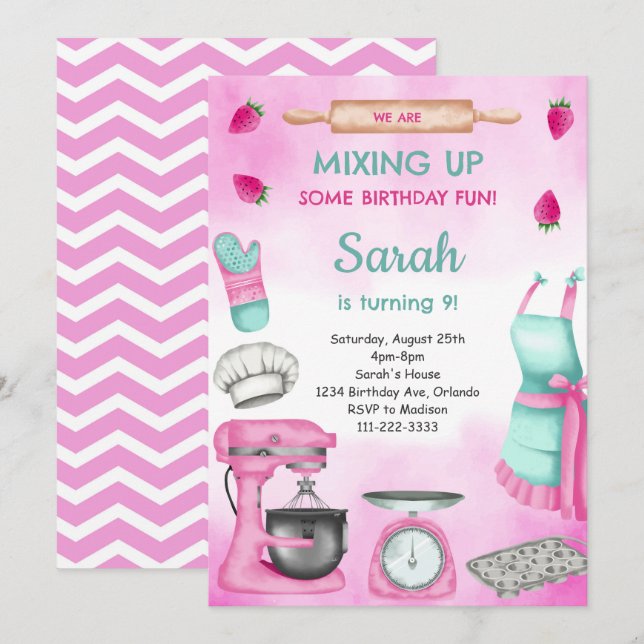 Pink Girly Watercolor Baking Birthday Einladung (Vorne/Hinten)