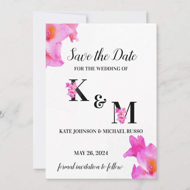 Pink Gladiolus Blume Wasserfarbe Save The Date (Vorderseite)