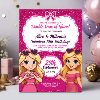 Pink Glam Birthday Einladung Twin Girls Sparkle
