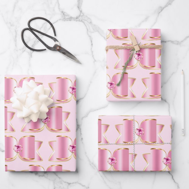 Pink Glam Bow mit Center Gemstone Geschenkpapier Set (Vorderseite)