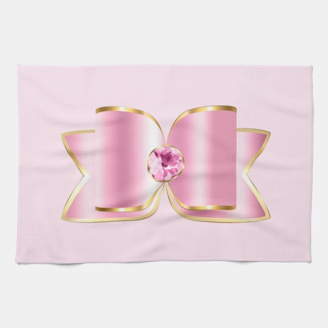 Pink Glam Bow mit Center Gemstone Geschirrtuch (Horizontal)