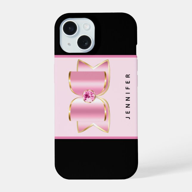 Pink Glam Bow mit Center Gemstone iPhone 15 Hülle (Rückseite)