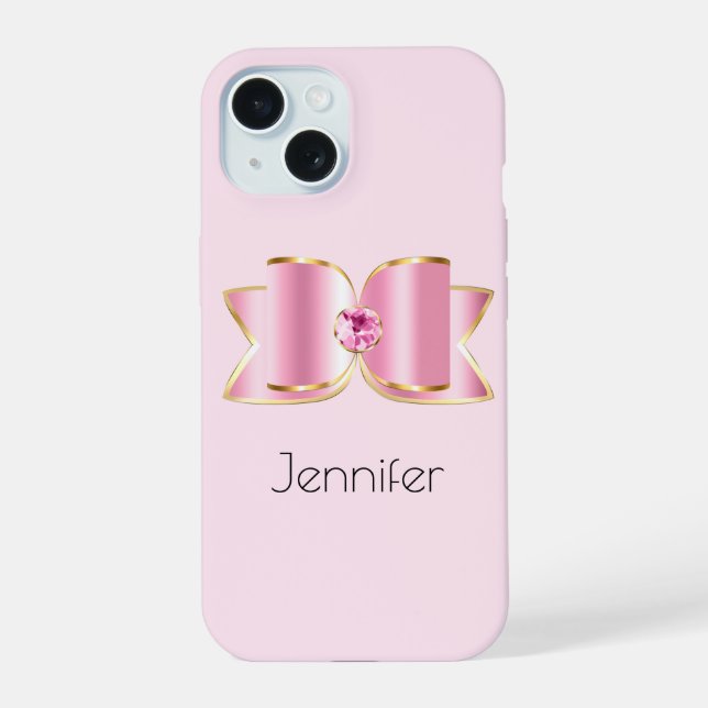 Pink Glam Bow mit Center Gemstone iPhone 15 Hülle (Rückseite)