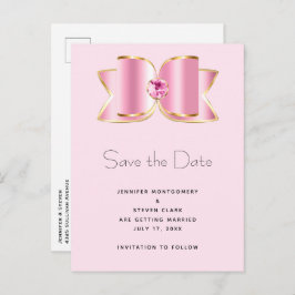 Pink Glam Bow mit Center Gemstone Save the Date Einladungspostkarte