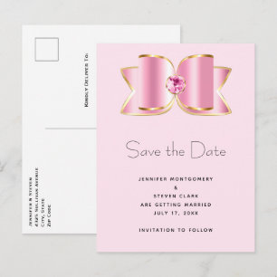 Pink Glam Bow mit Center Gemstone Save the Date Einladungspostkarte