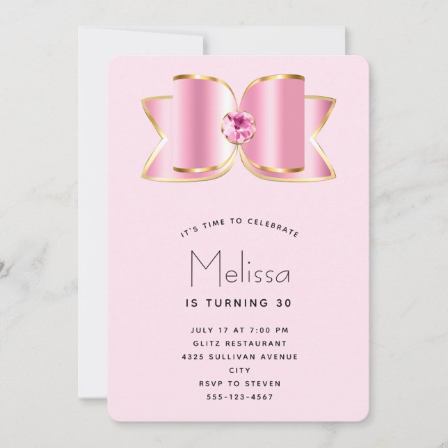 Pink Glam Bow mit Zentrum Gemstone Geburtstag Einladung (Vorderseite)