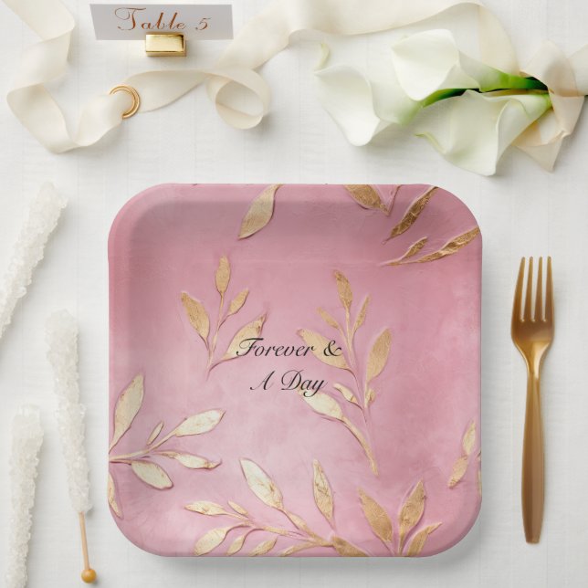 Pink Glam Gold Blätter Pappteller (Hochzeit)