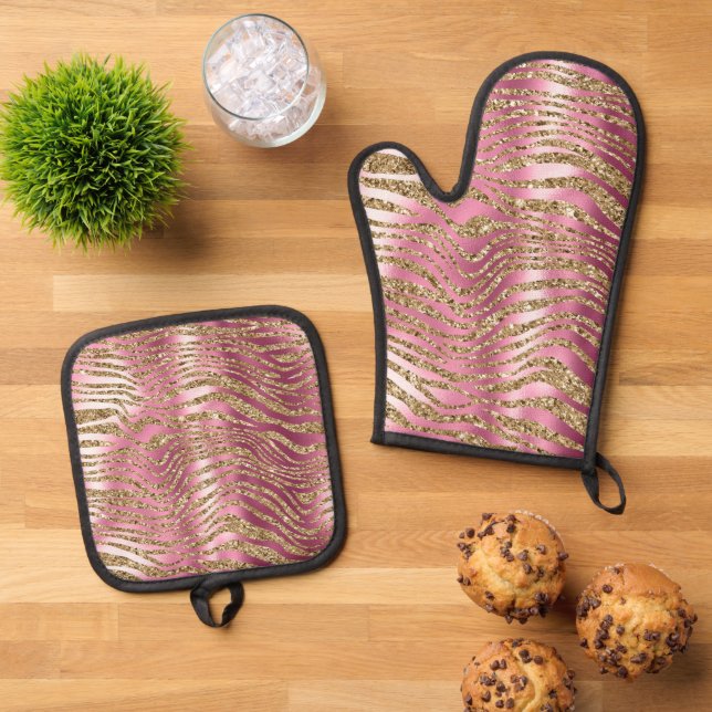 Pink Glam Gold Glitzer Zebra Print Ofenhandschuh & Topflappen-Set (Oben Unten)