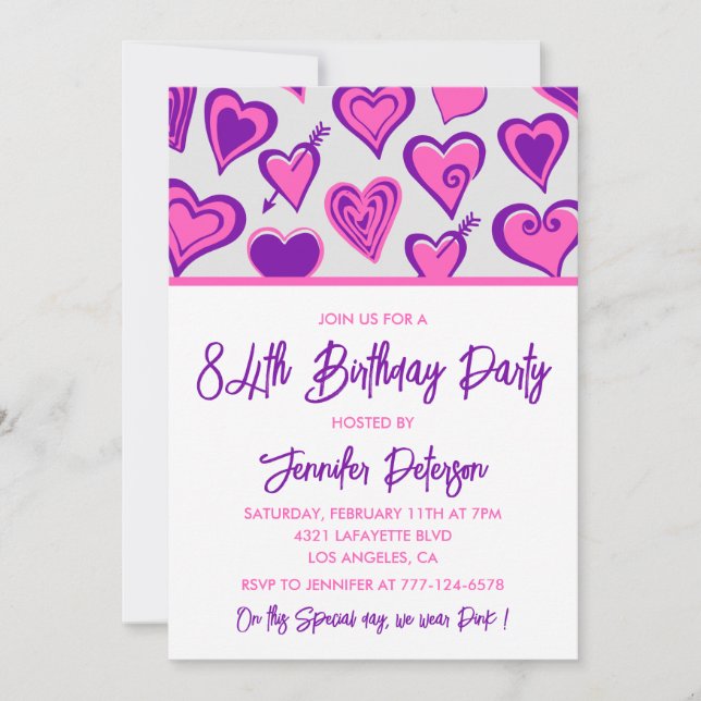 Pink Glam Herzdesign Pattern 84. Geburtstag Einlad Einladung (Vorderseite)