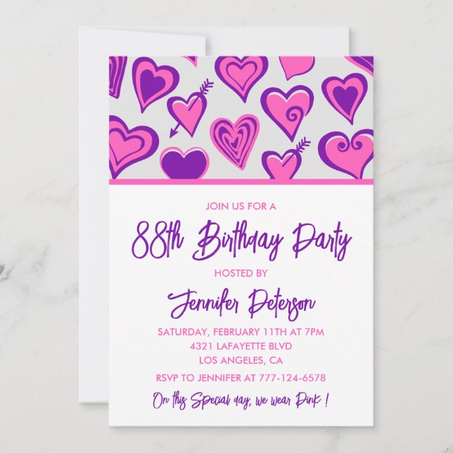 Pink Glam Herzdesign Pattern 88. Geburtstag Einlad Einladung (Vorderseite)