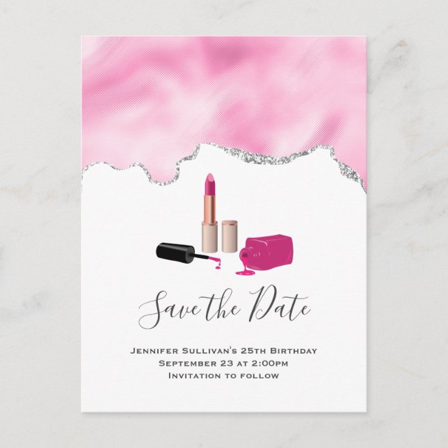Pink Glam Lipstick mit Nail Polnisch Save the Date Einladungspostkarte (Vorderseite)