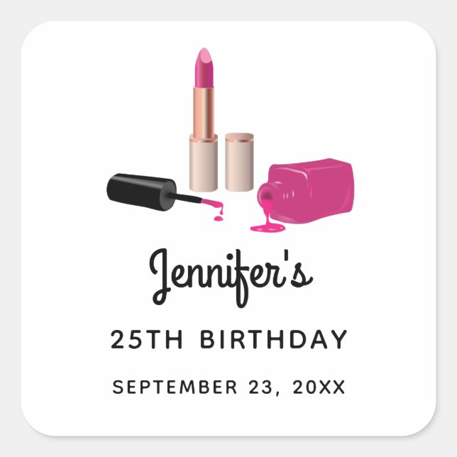 Pink Glam Lipstick & Nail Polnischer Geburtstag Quadratischer Aufkleber (Vorderseite)