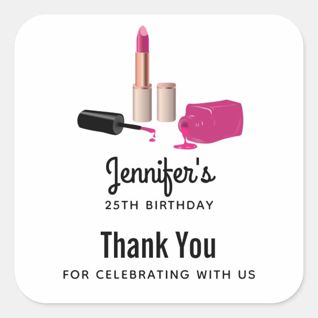 Pink Glam Lipstick & Nail Polnischer Geburtstag Quadratischer Aufkleber (Vorderseite)