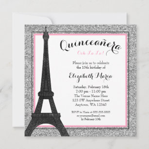 Pink Glam Paris Imitate Silver Glitzer Quinceanera Einladung