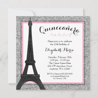 Pink Glam Paris Imitate Silver Glitzer Quinceanera Einladung